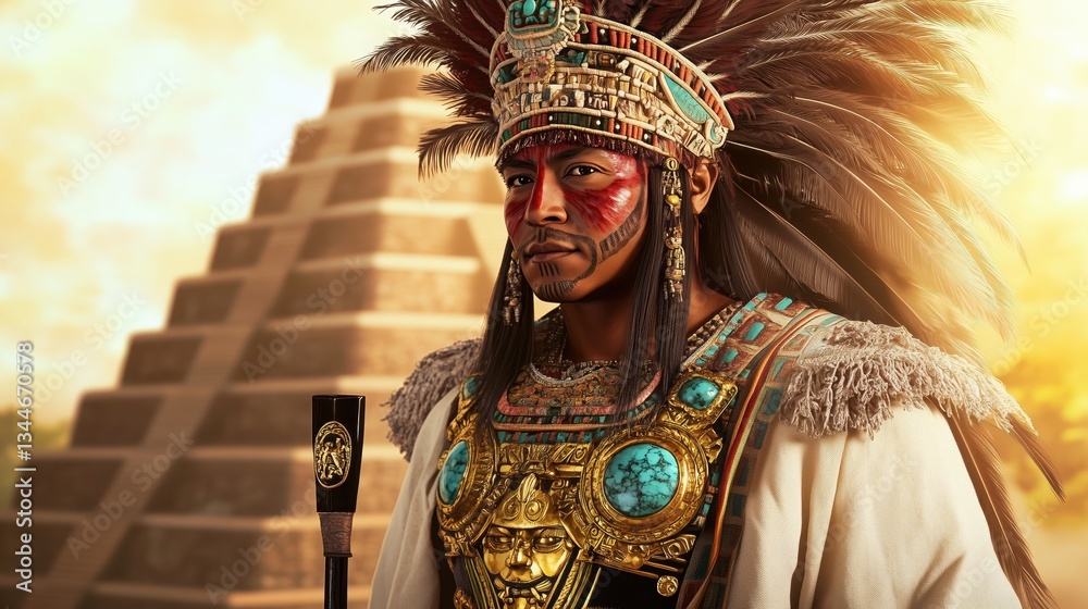 Fototapeta premium Regal Warrior With Intricate Attire Near Pyramid