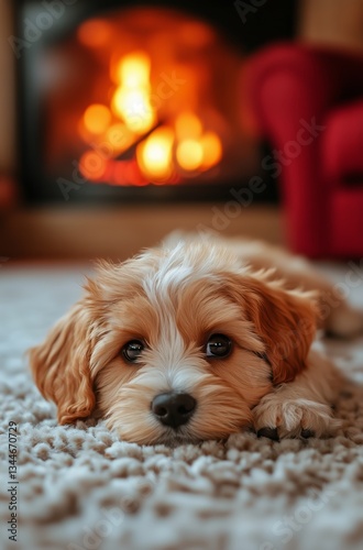 Wallpaper Mural Cozy Puppy Relaxing by the Fireplace in a Warm Living Room During Winter Torontodigital.ca