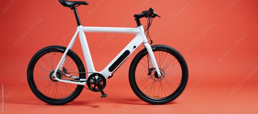 Fototapeta premium Modern white electric bike with vibrant red backdrop highlighting its sleek eco-friendly design
