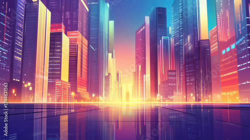 Modern Urban Architecture Featuring Towering Skyscrapers and Reflections in a Smart City, Perfect for Corporate Brochure Templates and Business Marketing Materials