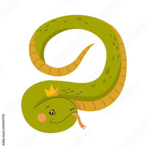 Cute green snake in a golden crown. Symbol of the Chinese New Year 2025. Vector flat illustration isolated on a white background.