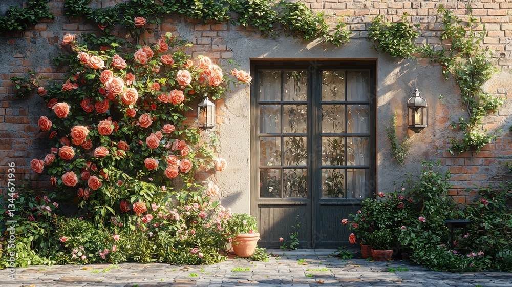 Fototapeta premium Charming garden entrance adorned with blooming roses and rustic lanterns