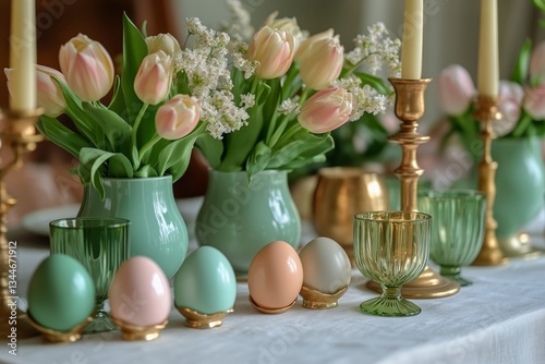 Elegant Table Setting for Spring Celebration With Flowers, Candles, and Decor...