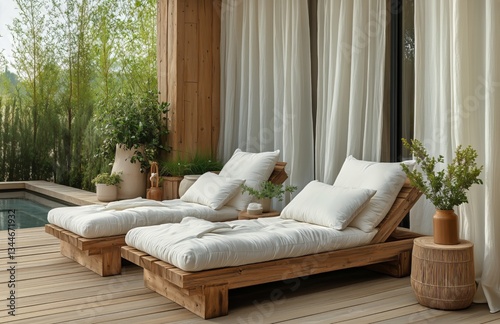 Modern Sun Loungers in a Serene Indoor Space With Natural Light and Greenery