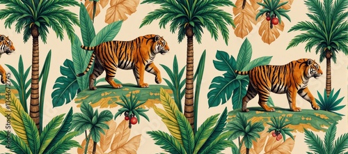 Vintage retro-inspired tropical summer pattern set featuring a traditional patchwork design of exotically illustrated jungle animals and palms on a textured background
