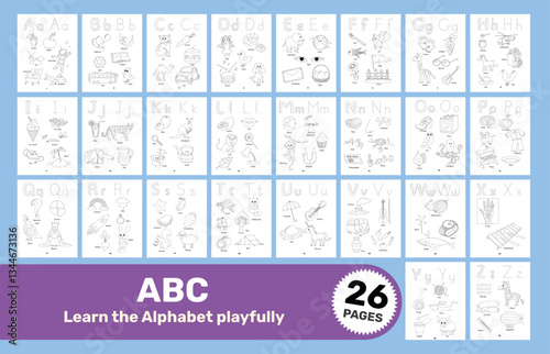 ABC tracing and coloring pages A to Z for Kids – 26 Vector Worksheets for Early Learning, Letter format