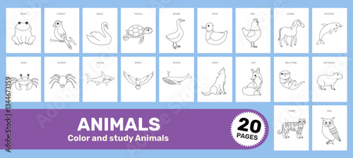 Animals Coloring Pages for Kids – 20 Vector Worksheets for Early Learning, Letter format