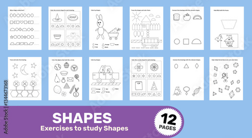 Exercises to study Shapes Coloring Pages for Kids – 12 Vector Worksheets for Early Learning, Letter format