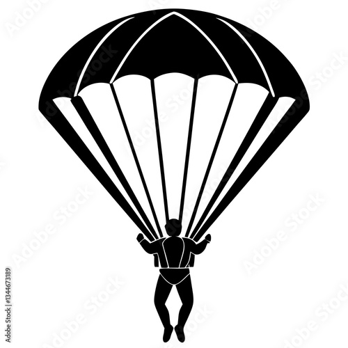 skydiver with an open parachute black silhouette vector, Simple silhouette Design vector icon with white background.