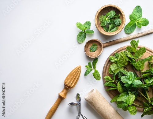 Wallpaper Mural Menta fresca, equipo de cocina; el concepto de cocina casera saludable y farmacología sobre fondo blanco con espacio de copia para inserción de texto o logotipo en la granja Torontodigital.ca