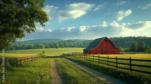 Charming Red Barn on a Tranquil Farm Surrounded by Lush Green Fields on a Sun...