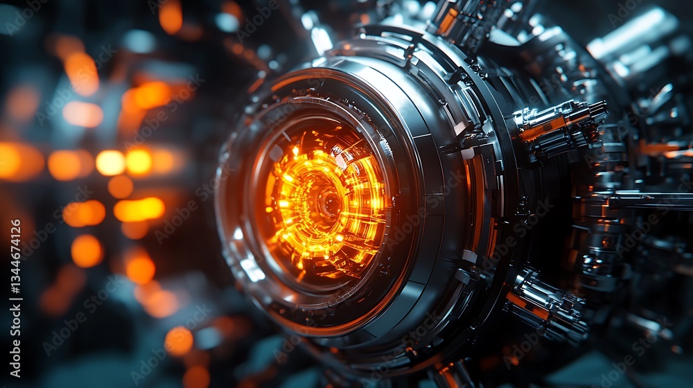Fototapeta premium Futuristic Glowing Core Close-up with Metallic Structure and Orange Light