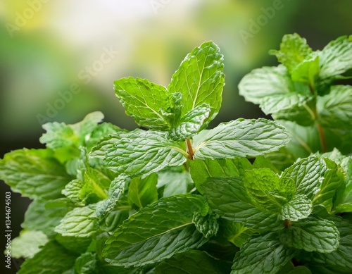 Menta fresca, planta herbácea que crece en el jardín con luz solar; ingredientes alimenticios naturales y orgánicos para aromaterapia y concepto de spa. photo