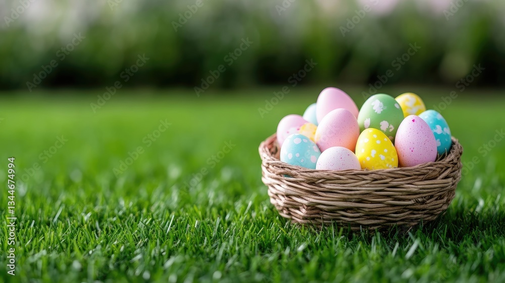 Colorful Easter eggs in a nest on grass