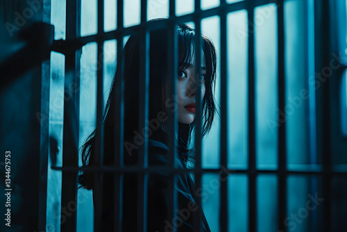 Woman standing behind metal prison bars, symbolizing confinement and justice