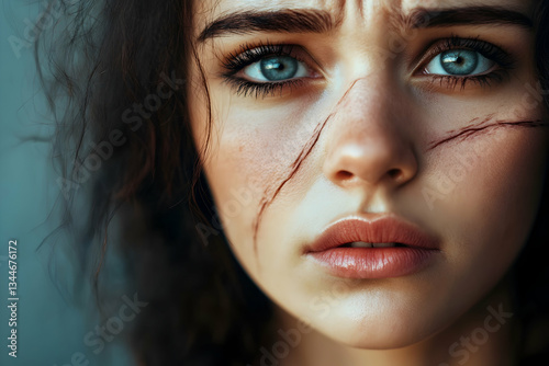 Woman with visible scars, crying and looking at the viewer, symbolizing resilience and emotional pain in recovery