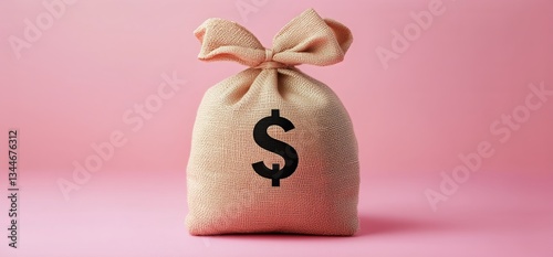 Small Burlap Bags Filled With Money Placed on a Pink Background for Financial...