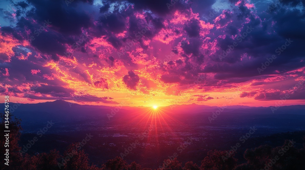 Obraz premium Vibrant sunset over mountains and city, colorful clouds.