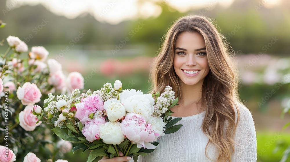 A joyful woman holds peonies while surrounded by blooming pink roses under a vibrant sunset, creating a serene atmosphere A joyful woman holds peonies while surrounded by blooming pink roses under a vibrant sunset, creating a serene atmosphere