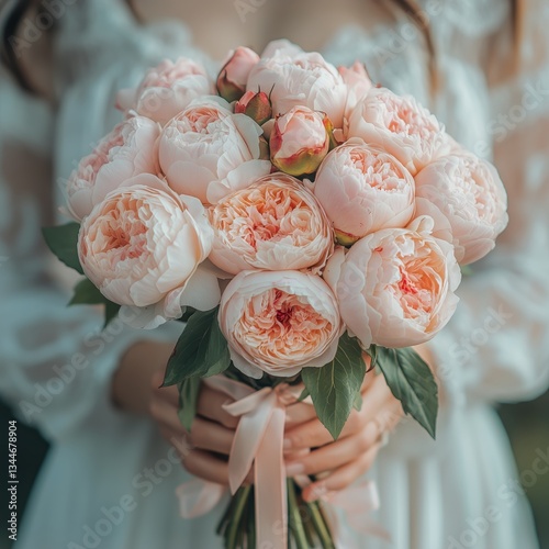 Elegant Bridal Bouquet of Pink Peonies Held by Woman on an Outdoor Setting Du...