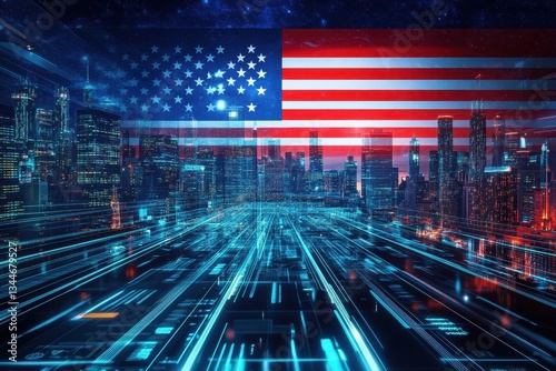 A futuristic cityscape with an overlay of the american flag