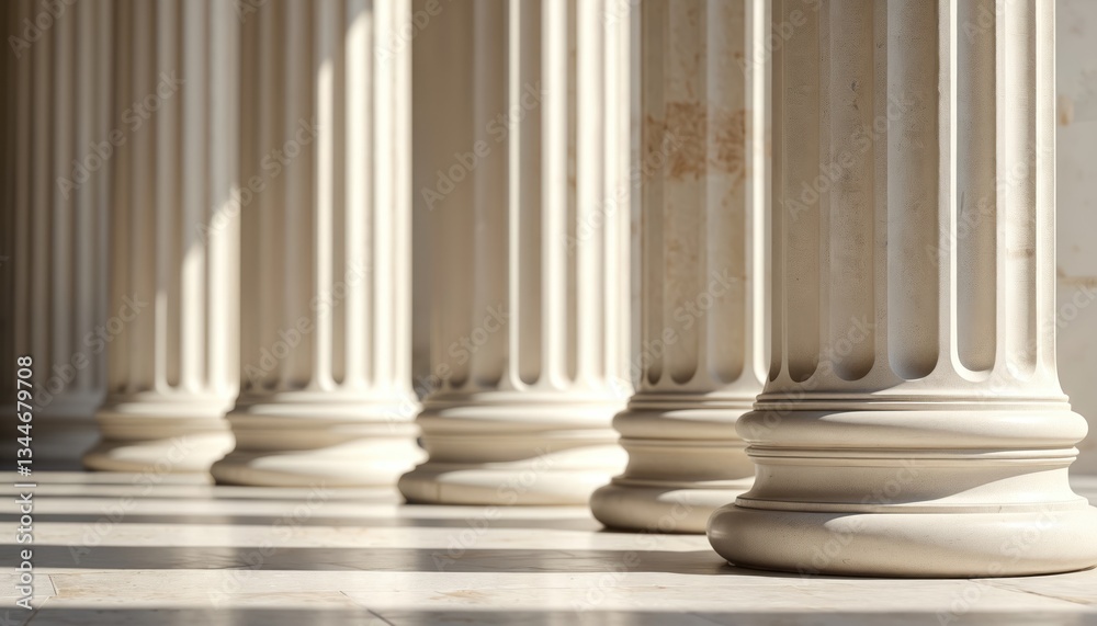 Row of marble pillars in classic greek architecture style with fluted columns. Stone colonnade with light and shadow. Ancient building exterior with architectural elements, historical structure. Row of marble pillars in classic greek architecture style with fluted columns. Stone colonnade with light and shadow. Ancient building exterior with architectural elements, historical structure.