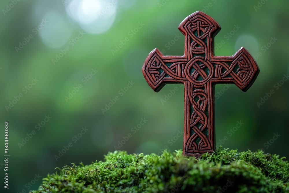 Ornate Celtic cross rests on vibrant green moss, symbolizing faith and nature's beauty. Ornate Celtic cross rests on vibrant green moss, symbolizing faith and nature's beauty.