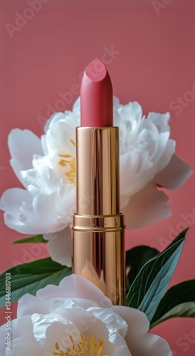 Lipstick Surrounded by Beautiful Peonies on a Soft Pink Background