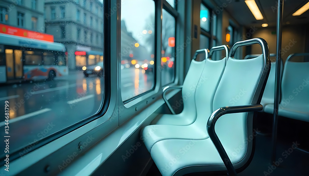 Naklejka premium Empty White Bus Seat in Rainy Munich, Close-up of the seats inside a bus, created with generative ai