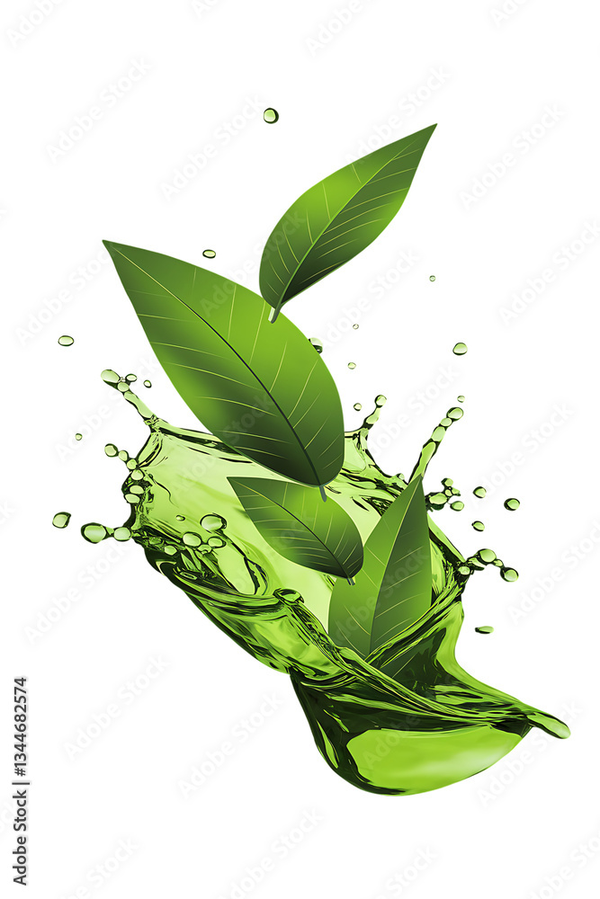 Green Tea Leaves with Liquid Splash isolated