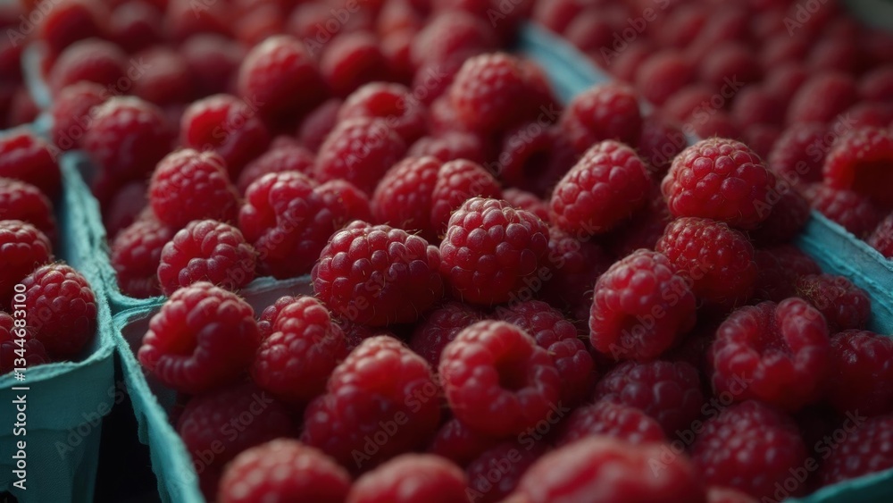 Fresh raspberries displayed in containers at a farmers market on a sunny day Fresh raspberries displayed in containers at a farmers market on a sunny day