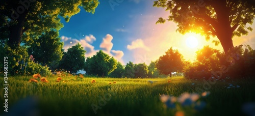 Serenity in a Sunlit Forest Clearing During Early Morning With Soft Grass and...