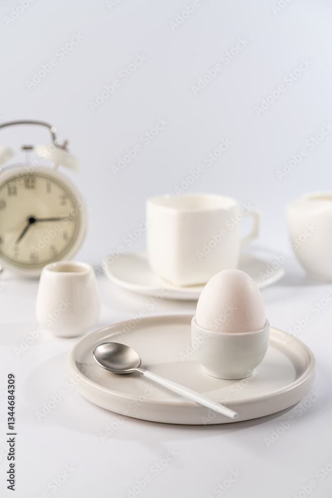 White egg with white plates, cup and alarm clock over white background for breakfast White egg with white plates, cup and alarm clock over white background for breakfast