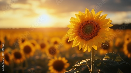 Sunflower Field With a Distant Farmhouse in a Lush Green Landscape on a Clear...