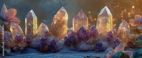 Crystals Shimmering Under Soft Light With Flowers and Sparkles in a Tranquil ...