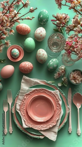 Colorful Easter Table Setting With Decorative Eggs, Flowers, and Dining Utens...