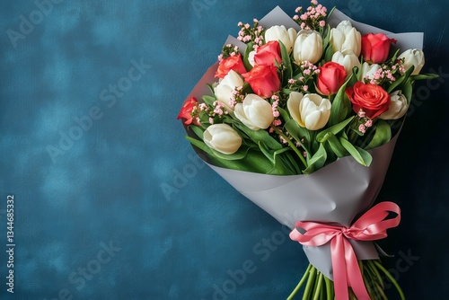 Colorful Tulip Bouquet Wrapped in Paper With a Ribbon on a Blue Background