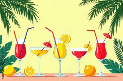 A design with elegant cocktails, complete with lemon slices, straws, and decorative umbrellas, set against a tropical background