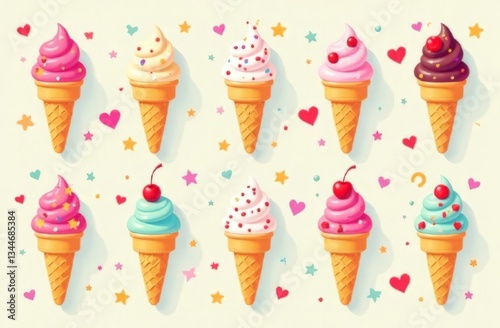 A seamless illustration of ice cream cones, milkshakes, and popsicles in bright colors, with small stars and hearts