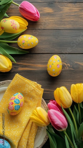 Colorful Easter Eggs and Flowers Arranged on a Wooden Table for a Festive Spr...