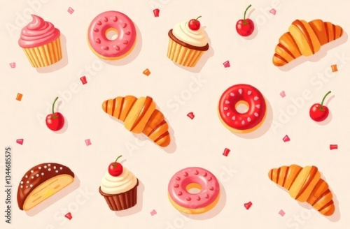 seamless pattern of pastries, including croissants, muffins, and doughnuts, on a pastel background with scattered sugar sprinkles 
