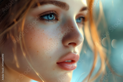 A close-up of a serene woman with glowing, flawless skin, gently caressing her face against a minimalistic, soft-focused pastel background, evoking a sense of peace, beauty, and rejuvenation.