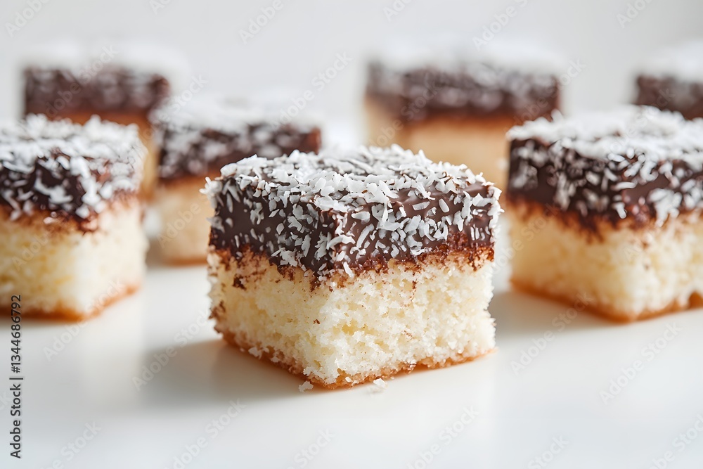 Cubed Treats: An artistic capture of several delectable, square-shaped coconut cakes, artfully arranged. Each piece features a fluffy base, a layer of rich chocolate. Cubed Treats: An artistic capture of several delectable, square-shaped coconut cakes, artfully arranged. Each piece features a fluffy base, a layer of rich chocolate.