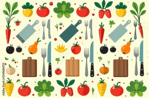 A vibrant pattern of kitchen utensils such as forks, knives,  and boards, arranged alongside fresh vegetables and herbs