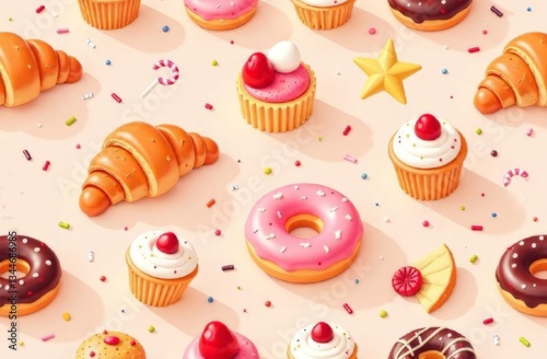seamless pattern of pastries, including croissants, muffins, and doughnuts, on a pastel background with scattered sugar sprinkles 