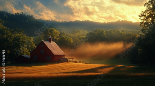 Golden Sunset Over a Red Farmhouse Surrounded by Fields and Trees in Rural La...