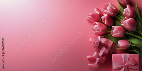Bouquet of Pink Tulips With a Gift Box on a Soft Pink Background for a Specia...