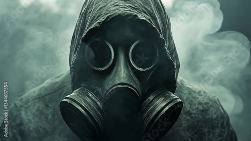 Dramatic close-up of a person wearing a gas mask in a smoky, atmospheric environment