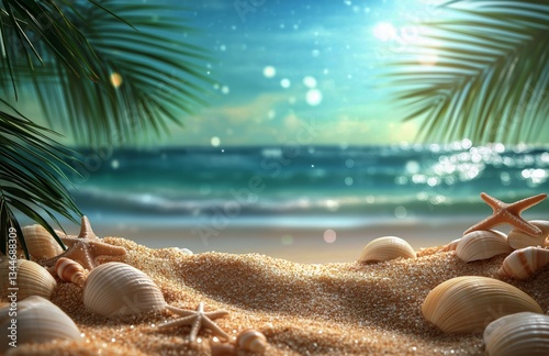 Coastal Beach Setting With Seashells and Starfish on Sand Near Tranquil Ocean...