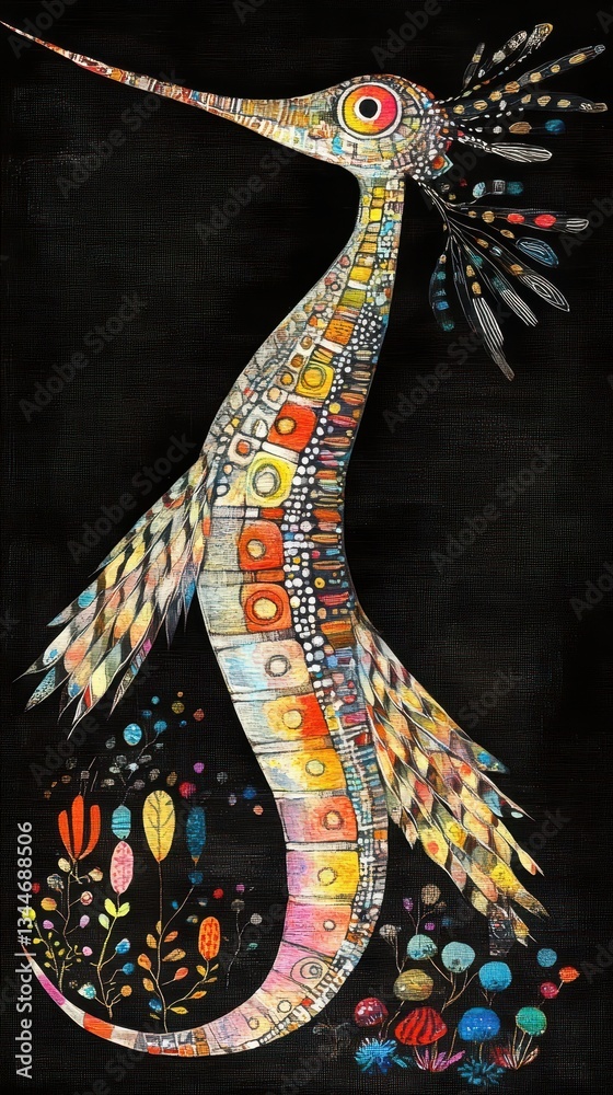 Fototapeta premium A Colorful Stylized Bird With Intricate Patterns Stands Out